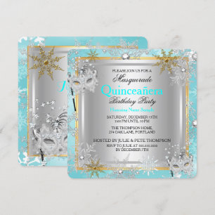 Invitation Quinze Ans Mascarade Turquoise Or Flocons de Neige