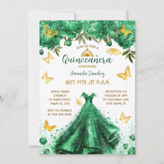 Invitation Quinze ans princesse vert floral (Devant)