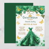 Invitation Quinze ans princesse vert floral (Devant / Derrière)