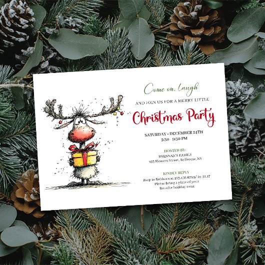 Invitation Quirky cartoon reindeer Christmas party invite