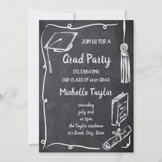 Invitation Quirky Chalkboard Unique Main Tirée Grad Party (Devant)