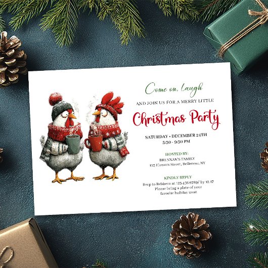 Invitation Quirky Chickens Festive Editable Christmas Invite