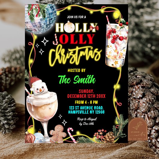 Invitation Quirky Neon Holly Jolly Christmas