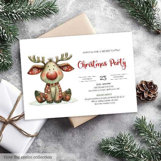 Invitation Quirky Reindeer modern watercolor Christmas invite