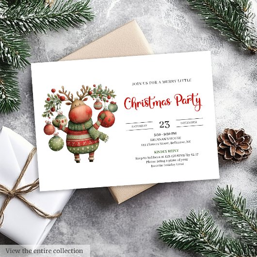 Invitation Quirky Reindeer watercolor holiday party invites