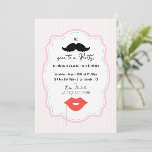 Invitation Quirky Rose Retro Mustache Party (Debout devant)