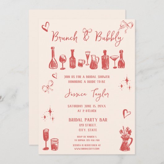 Invitation Quirky unique main tiré nuptiale Brunch et Bubbly (Devant / Derrière)
