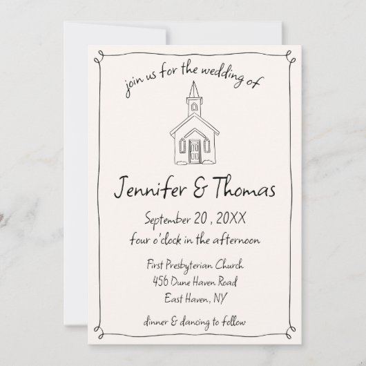 Invitation Quirky Whimsical Main Drake Church Doodle Mariage (Devant)