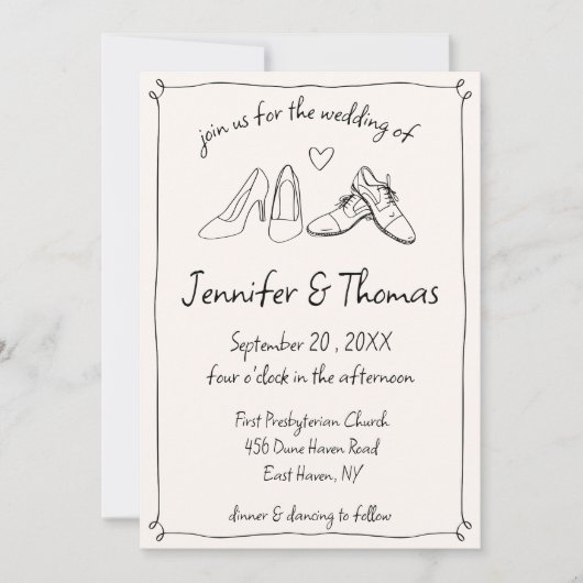 Invitation Quirky Whimsical Main Drawn Doodle Chaussures Mari (Devant)