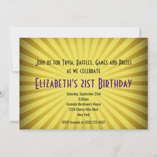 Invitation Quiz Nuit AnniversaireTrivia Party on Yellow Sunra (Dos)