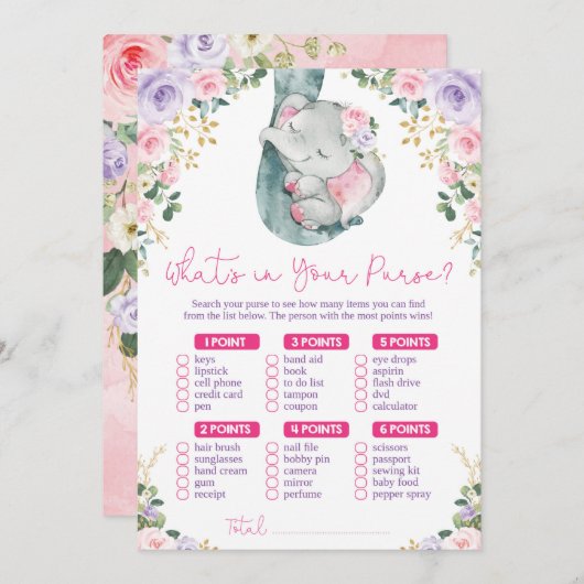 Invitation Qu'y a-t-il dans votre jeu Baby shower Eléphant Pu (Devant / Derrière)