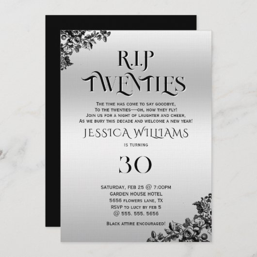 Invitation R.I.P. Twenties, Gothic 30th Birthday (Devant / Derrière)