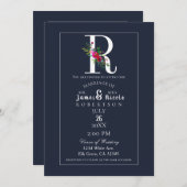 Invitation R Monogramme Dernier initial bleu Floral Mariage (Devant / Derrière)