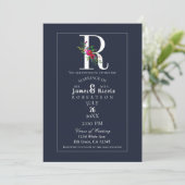 Invitation R Monogramme Dernière Initiale Moderne Bleu Floral (Debout devant)