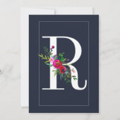 Invitation R Monogramme Dernière Initiale Moderne Bleu Floral (Dos)