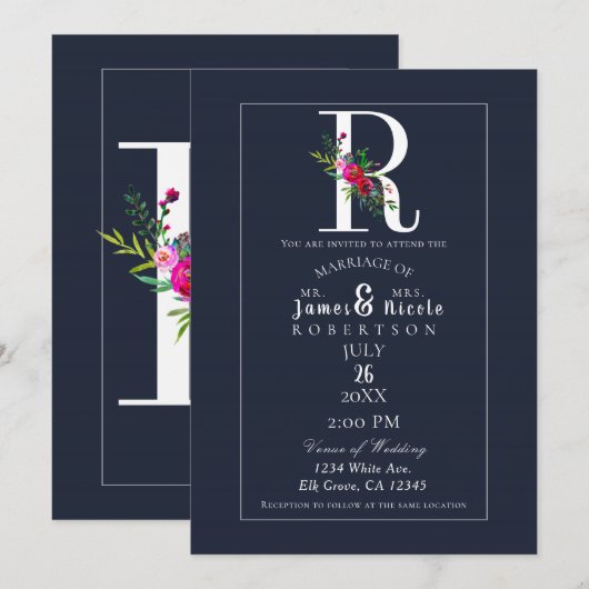 Invitation R Monogramme Dernière Initiale Moderne Bleu Floral (Devant / Derrière)