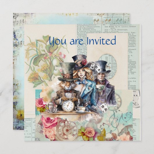 Invitation Rabbit, Alice et Hatter en chapeaux supérieurs (Devant / Derrière)