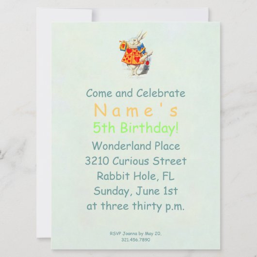 Invitation Rabbit Alice Wonderland PAPIER/TAILLE/FORME OPTION (Dos)