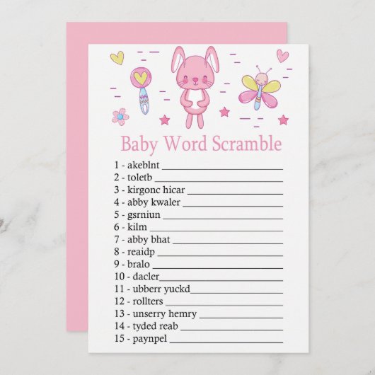 Invitation Rabbit rose Bébé Mot Débauche Jeu (Devant / Derrière)