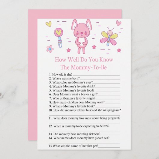 Invitation Rabbit rose COMMENT CONNAISSEZ-VOUS LE baby shower (Devant / Derrière)