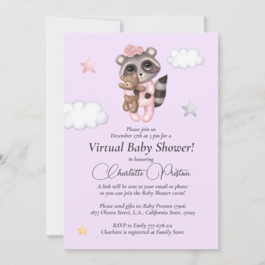 Invitation Raccoon Baby shower Lavender Virtual (Devant)