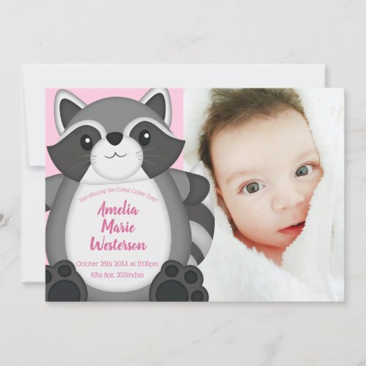 Invitation Raccoon Baby shower rose (Devant)