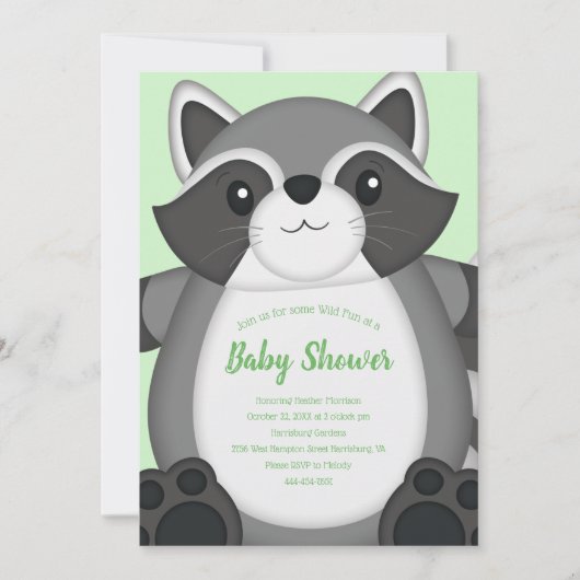 Invitation Raccoon Baby shower vert (Devant)
