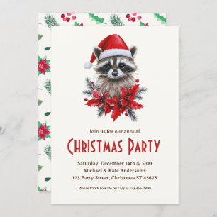 Invitation Raccoon dans le Santa Hat Poinsettias fête de Noël