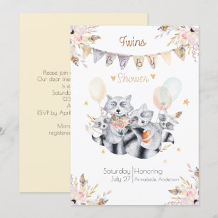 Invitation Raccoon Famille Twins Boho Baby shower