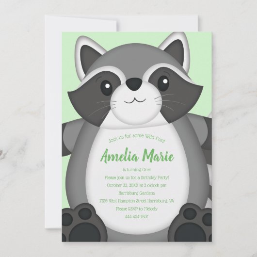 Invitation Raccoon fête d'anniversaire Green (Devant)