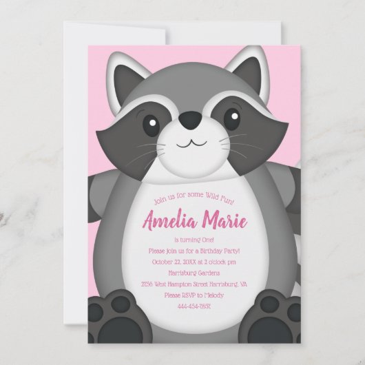 Invitation Raccoon fête d'anniversaire rose (Devant)