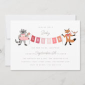 Invitation Raccoon Fox Forest Friends Pink Baby shower (Devant)