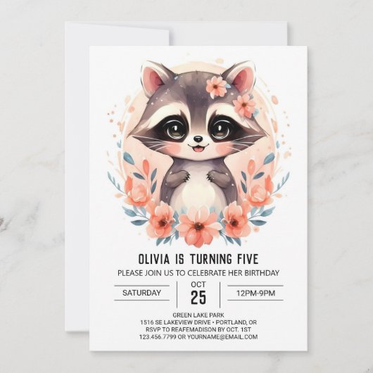 Invitation Raccoon pour enfants roses Anniversaire (Devant)