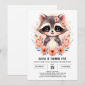 Invitation Raccoon pour enfants roses Anniversaire (Devant / Derrière)