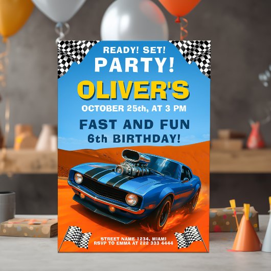 Invitation Race Car Anniversaire de fête avec Bleu Hot Rod