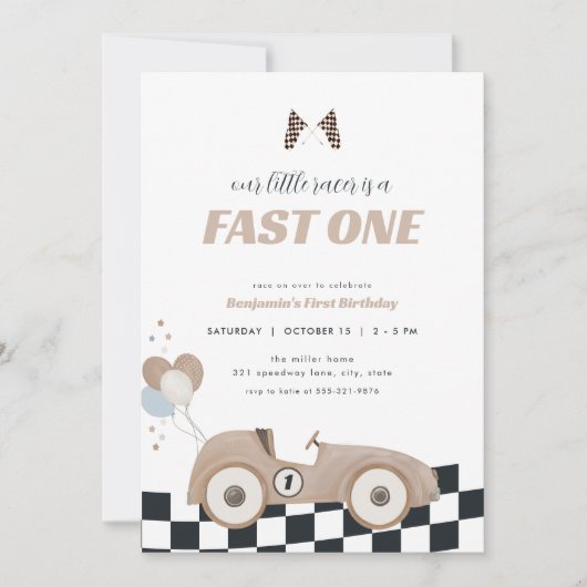 Invitation Race Car Beige Fast One First Birthday Invite  (Devant)