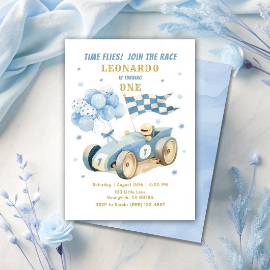 Invitation Race Car Blue Aquarelle Garçon Premier Anniversair