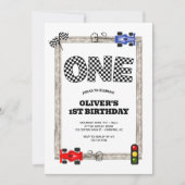 Invitation Race Car Checker Drapeau Boy 1er anniversaire (Devant)