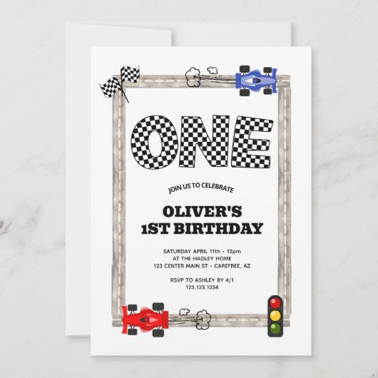 Invitation Race Car Checker Drapeau Boy 1er anniversaire (Devant)