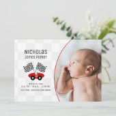 Invitation Race Car Checker Drapeau Naissance avec photo (Debout devant)