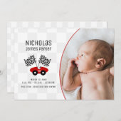 Invitation Race Car Checker Drapeau Naissance avec photo (Devant / Derrière)