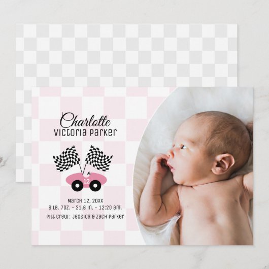 Invitation Race Car Checker Drapeau Naissance avec Photo Rose (Devant / Derrière)