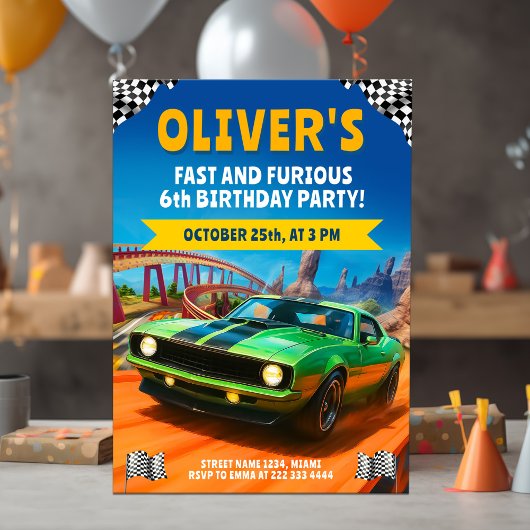 Invitation Race Car fête d'anniversaire avec Green Muscle Car