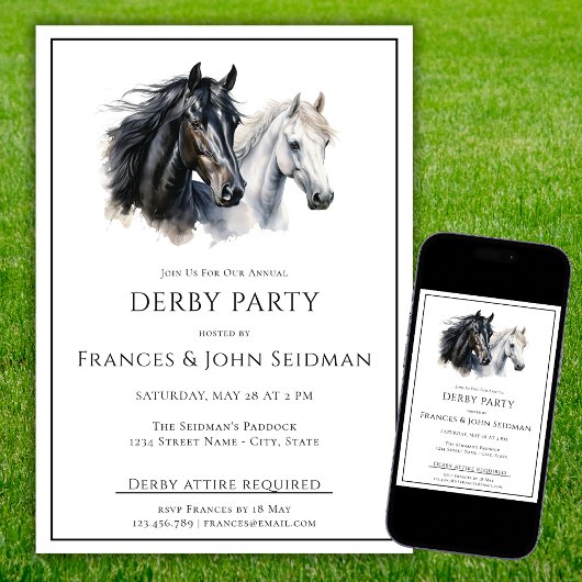 Invitation Race Horse Derby Party Simple Élégant noir blanc
