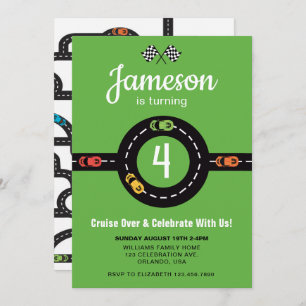 Invitation Race Track Boys 4th Birthday Green