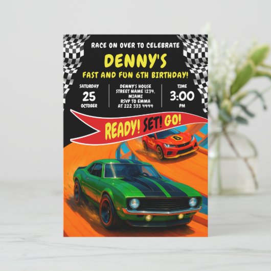 Invitation Race voiture anniversaire conception (Debout devant)