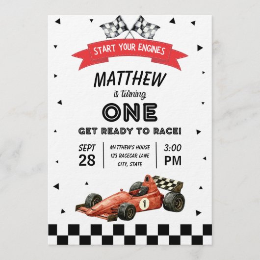 Invitation Racecar First Birthday Retro Watercolor (Devant)