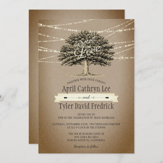 Invitation Racine dans Love Rustic Tree String Mariage (Devant / Derrière)