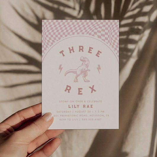 Invitation Rad Dinosaur Three Rex Pink Girls Birthday