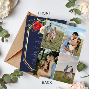 Invitation Radial Floral Navy Blue Burgundy Photo Mariage